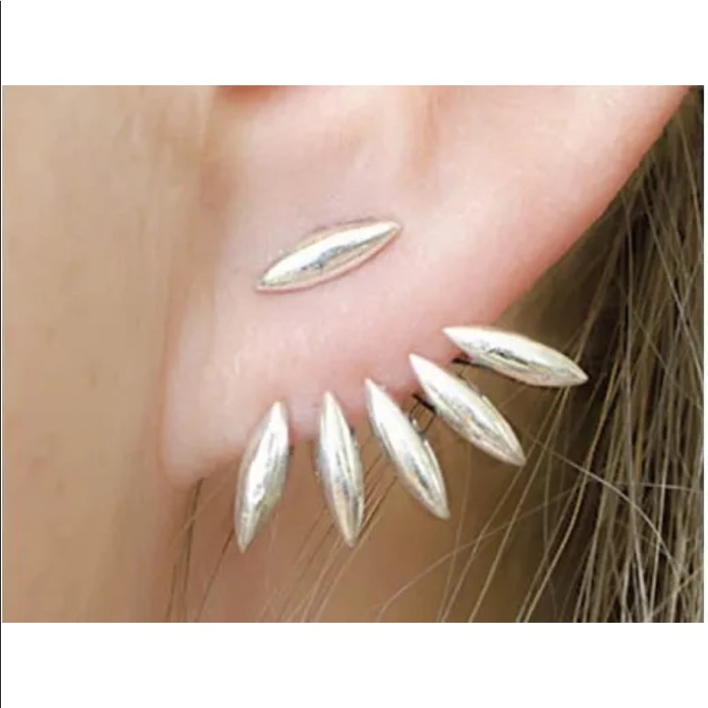 Womens Edgy Metal Leaf Jacket Earrings Stud Silver